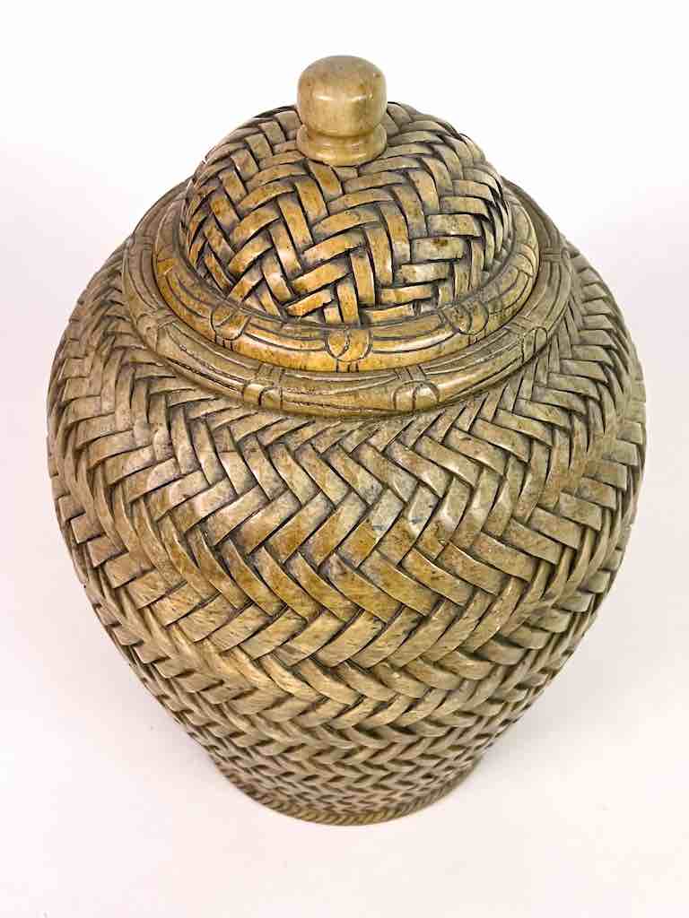 Wicker Weave Soapstone Trinket Decor Urn With Lid