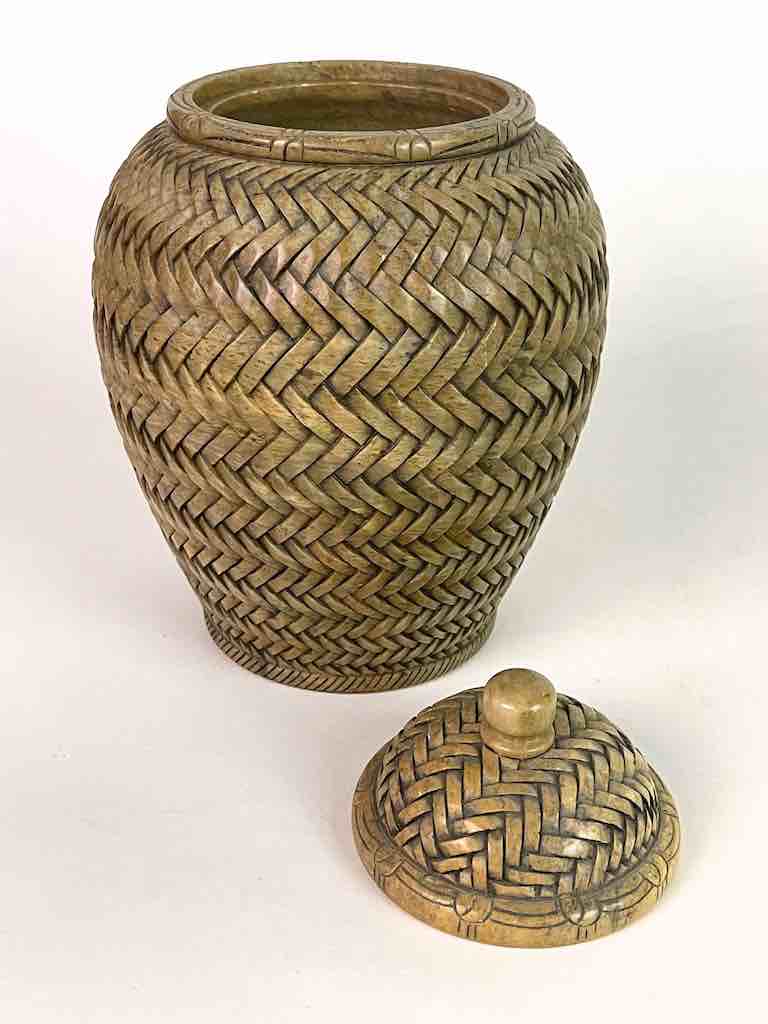 Wicker Weave Soapstone Trinket Decor Urn With Lid
