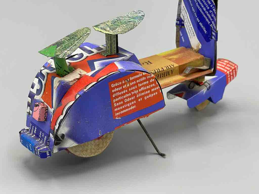 African Recycled Labeled Metal Can Toy Vespa - Burkina Faso