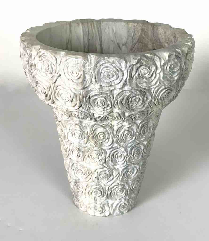 Hand-Carved Soapstone Vietnamese White Roses Design Vase