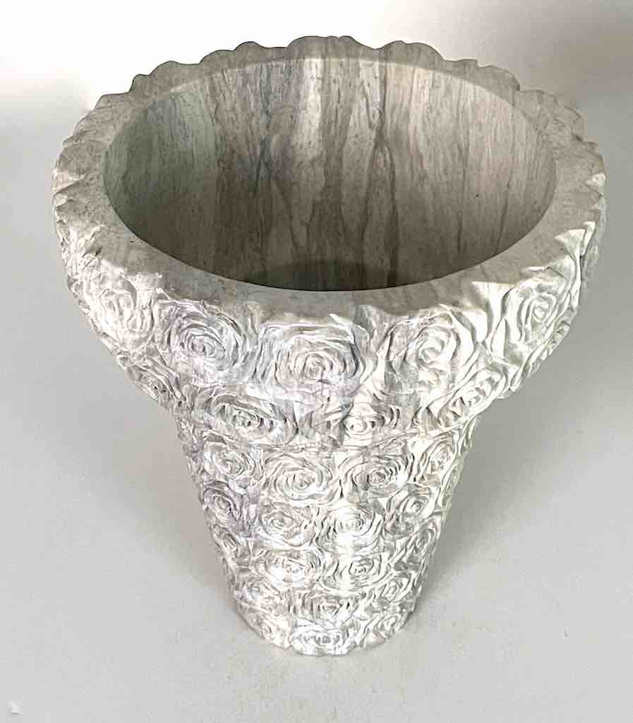 Hand-Carved Soapstone Vietnamese White Roses Design Vase