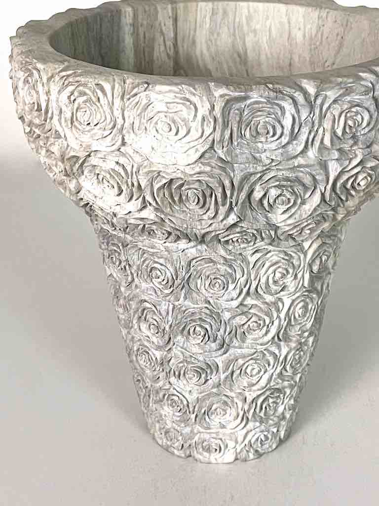 Hand-Carved Soapstone Vietnamese White Roses Design Vase