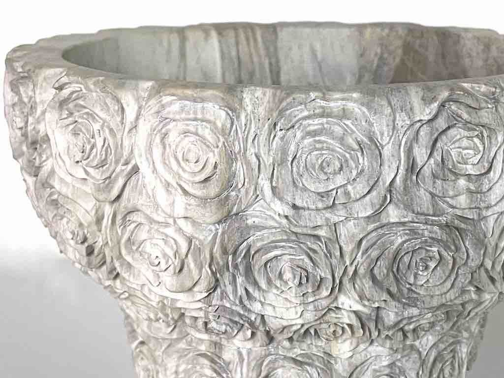 Hand-Carved Soapstone Vietnamese White Roses Design Vase