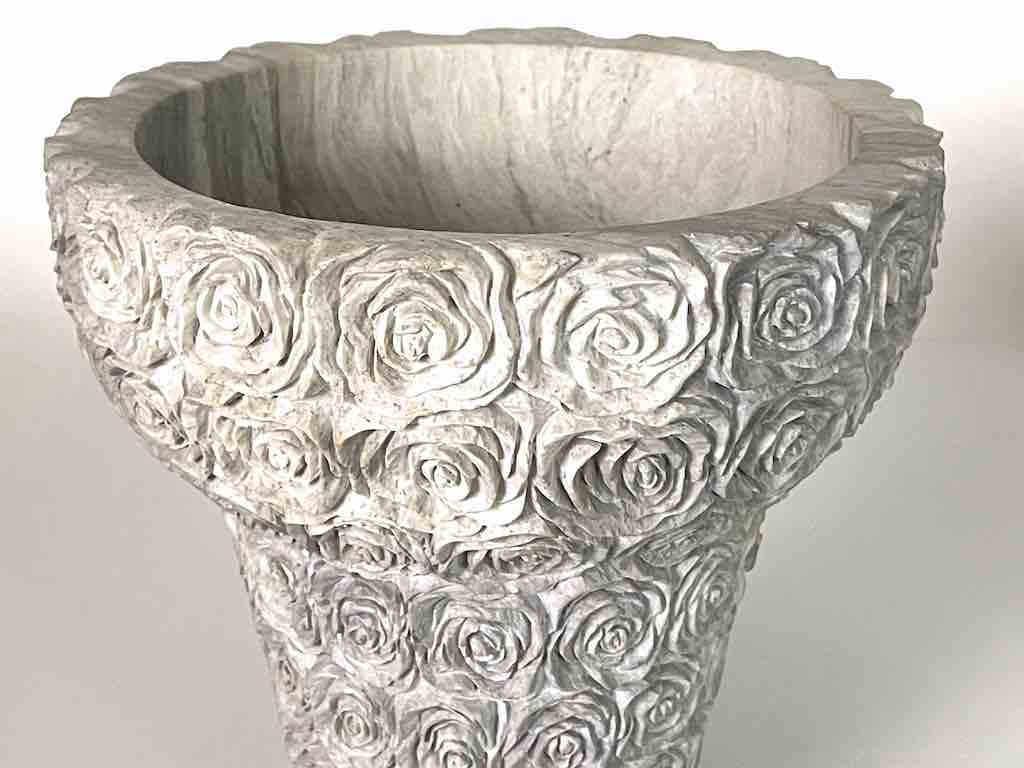 Hand-Carved Soapstone Vietnamese White Roses Design Vase