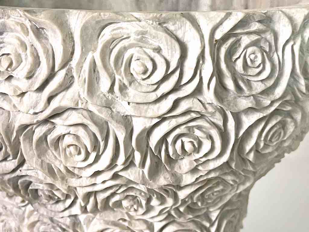 Hand-Carved Soapstone Vietnamese White Roses Design Vase