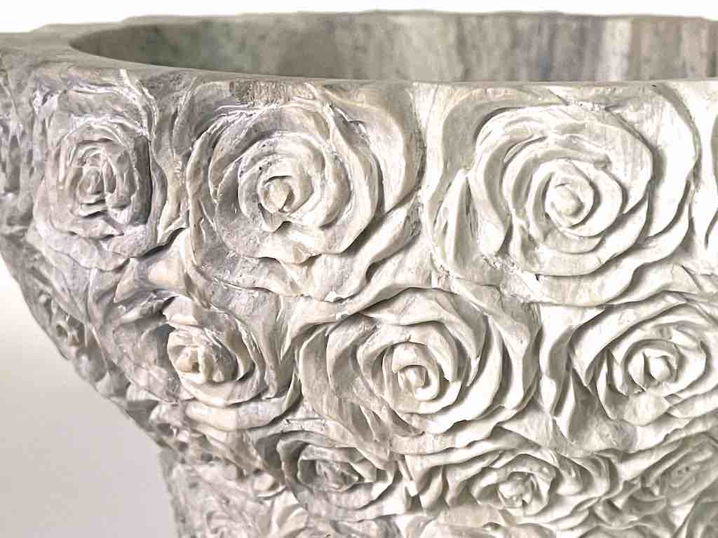 Hand-Carved Soapstone Vietnamese White Roses Design Vase