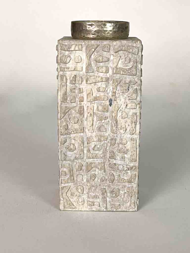 Hand-Carved Square Character Soapstone Sculptural Vase Metal Insert