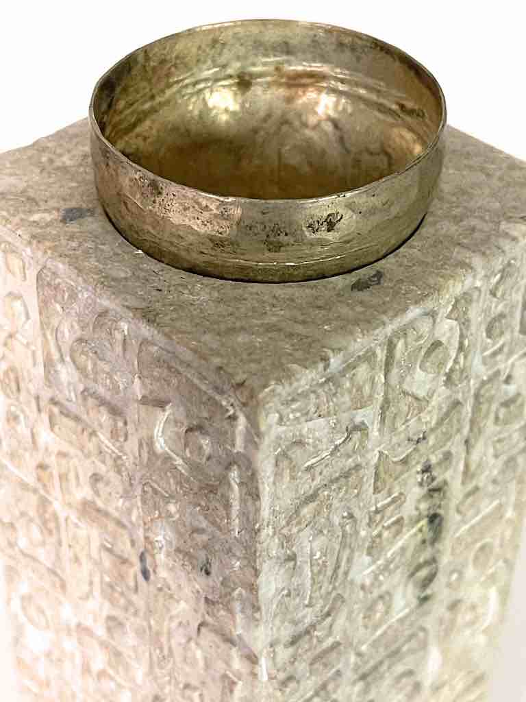 Hand-Carved Square Character Soapstone Sculptural Vase Metal Insert