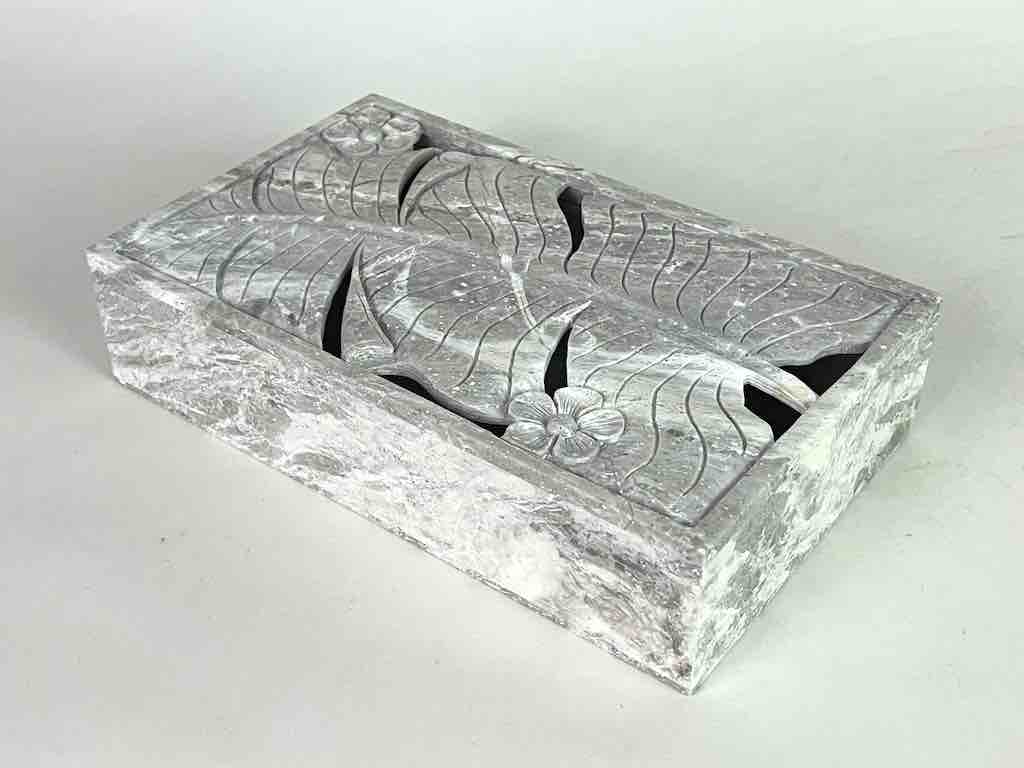 Banana Leaf Relief Carved Unpainted Soapstone Trinket Decor Box