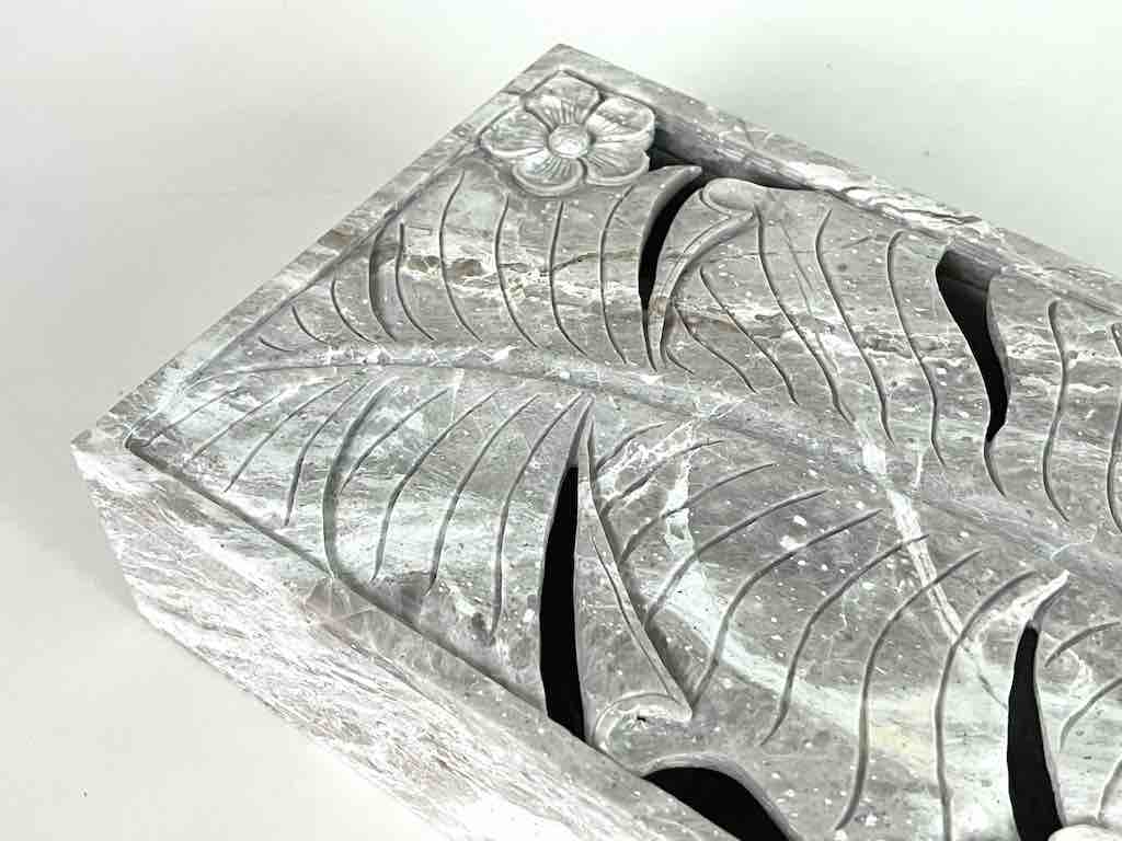 Banana Leaf Relief Carved Unpainted Soapstone Trinket Decor Box
