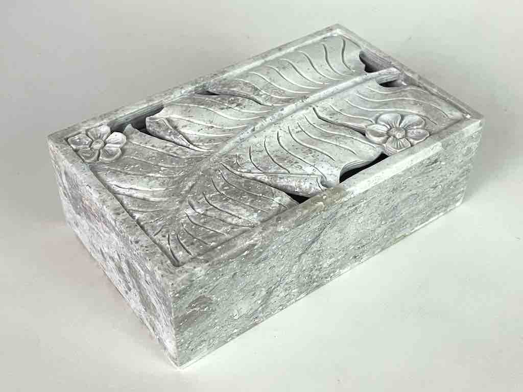 Banana Leaf Relief Carved Unpainted Soapstone Trinket Decor Box
