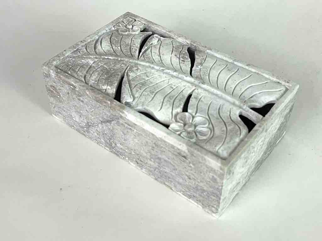 Banana Leaf Relief Carved Unpainted Soapstone Trinket Decor Box