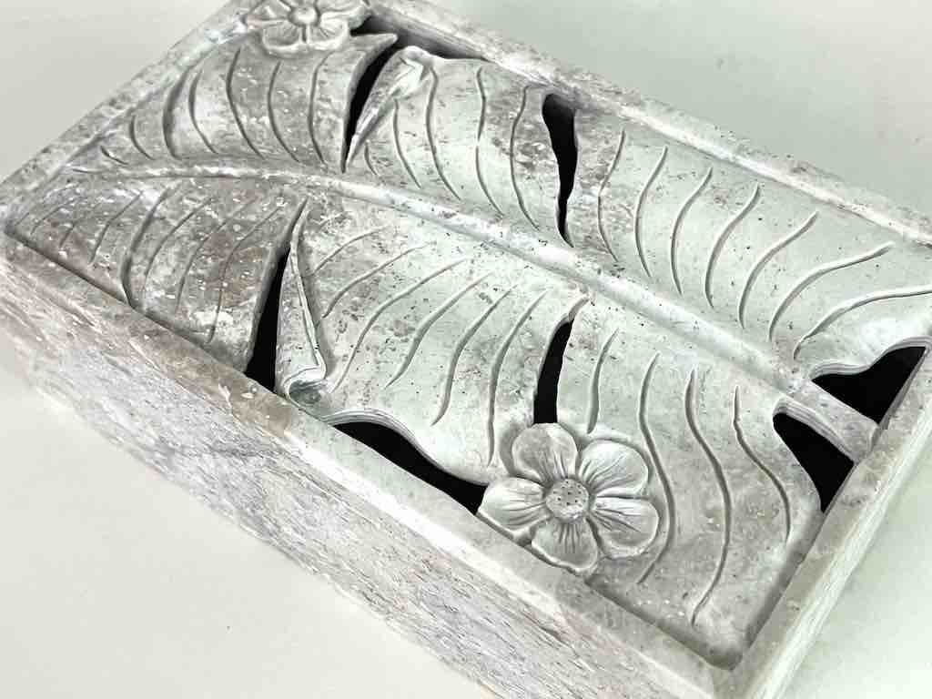Banana Leaf Relief Carved Unpainted Soapstone Trinket Decor Box