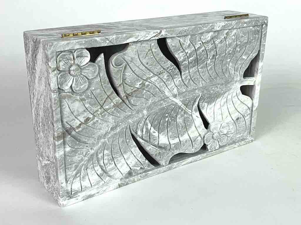 Banana Leaf Relief Carved Unpainted Soapstone Trinket Decor Box
