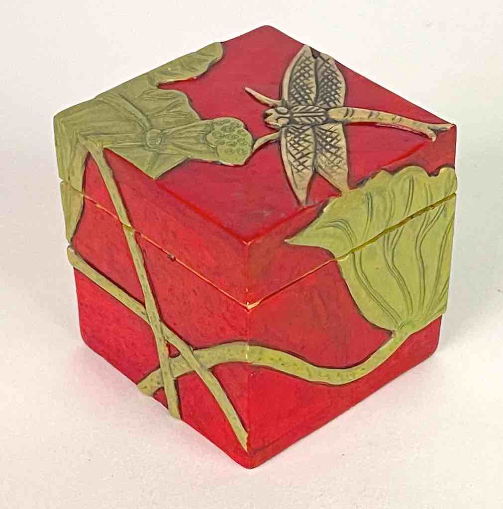 Dragon Fly & Lotus Flower - Red Cube Soapstone Trinket Decor Box