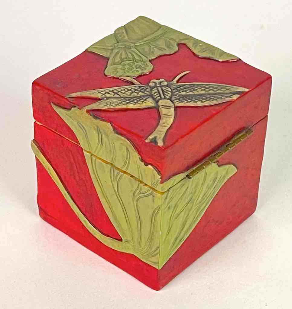 Dragon Fly & Lotus Flower - Red Cube Soapstone Trinket Decor Box