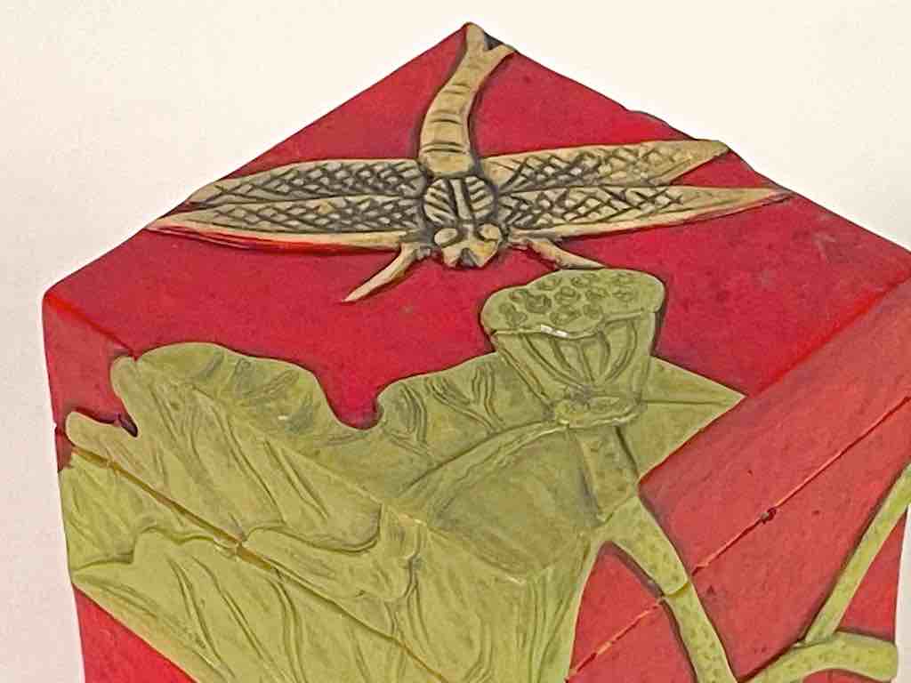 Dragon Fly & Lotus Flower - Red Cube Soapstone Trinket Decor Box