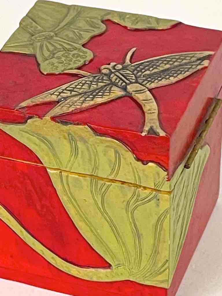 Dragon Fly & Lotus Flower - Red Cube Soapstone Trinket Decor Box