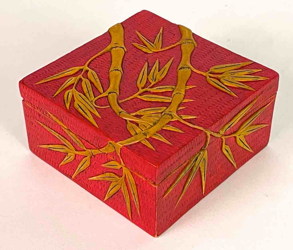 Bamboo Design - Square Red Soapstone Trinket Decor Box