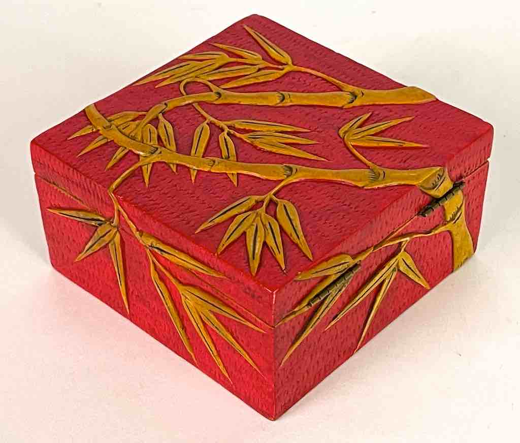 Bamboo Design - Square Red Soapstone Trinket Decor Box
