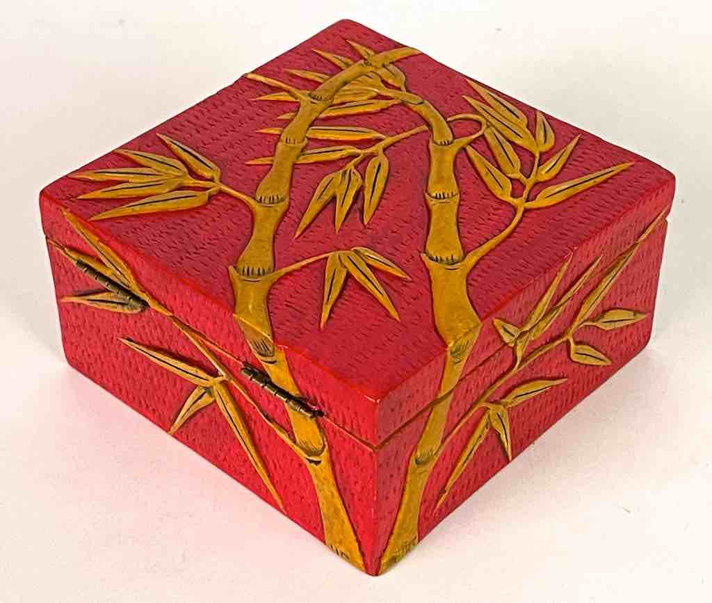 Bamboo Design - Square Red Soapstone Trinket Decor Box