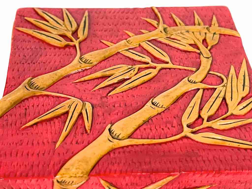 Bamboo Design - Square Red Soapstone Trinket Decor Box