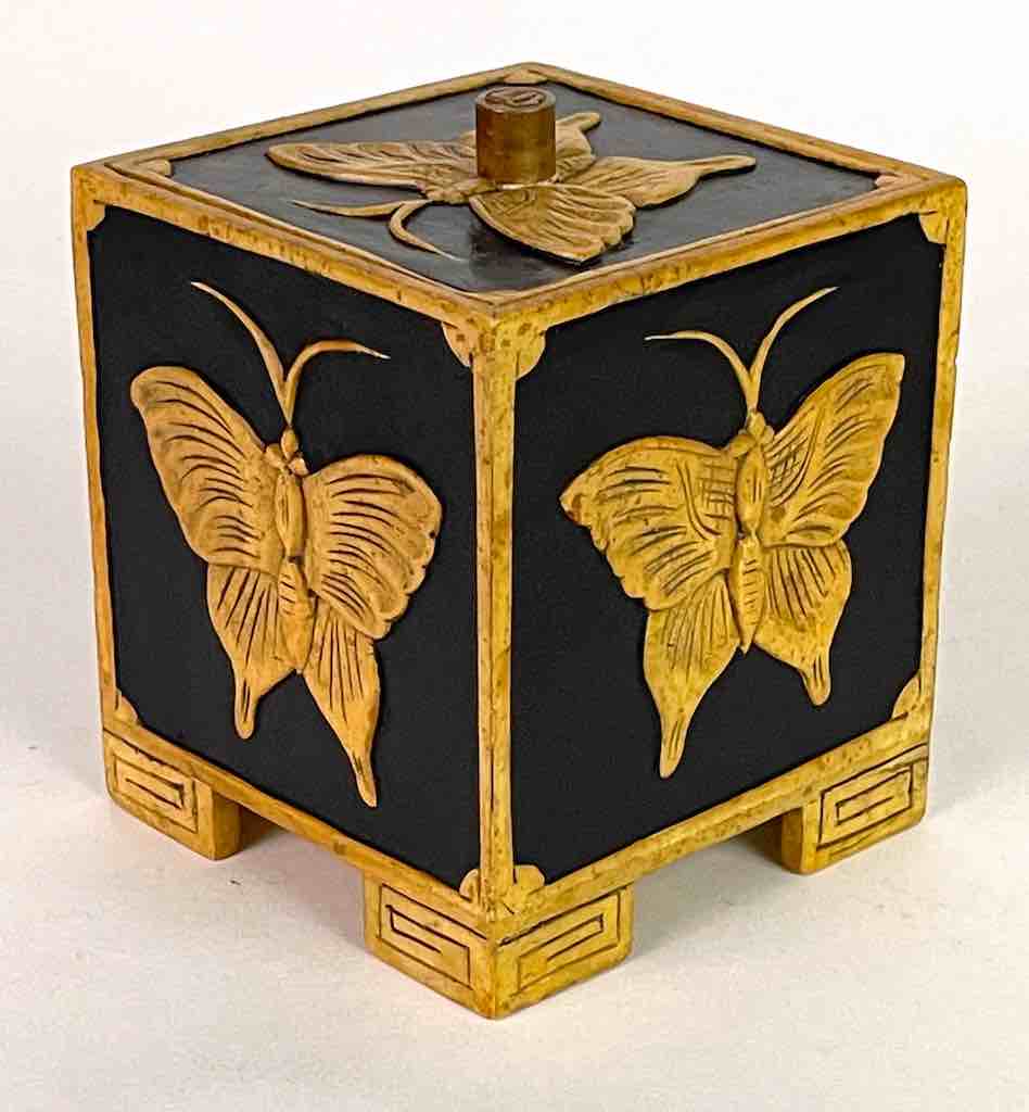 Butterflies Design - Footed Cube Soapstone Trinket Decor Lidded Box