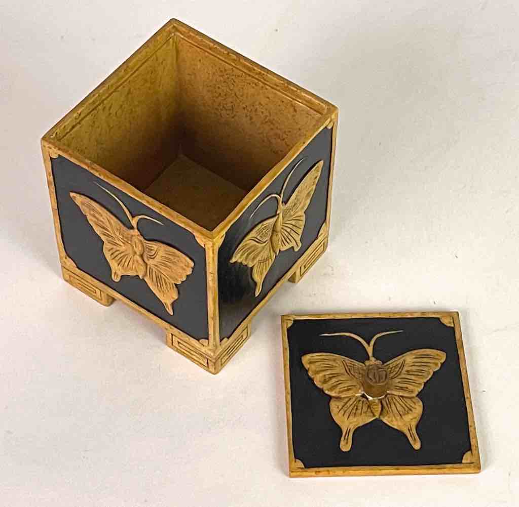 Butterflies Design - Footed Cube Soapstone Trinket Decor Lidded Box