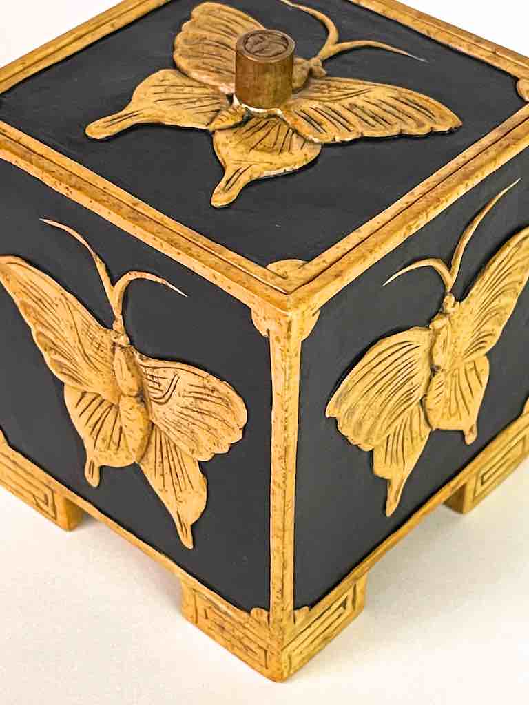 Butterflies Design - Footed Cube Soapstone Trinket Decor Lidded Box