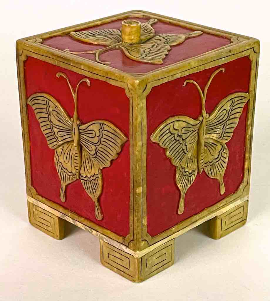 Butterflies Design - Footed Cube Soapstone Trinket Decor Lidded Box