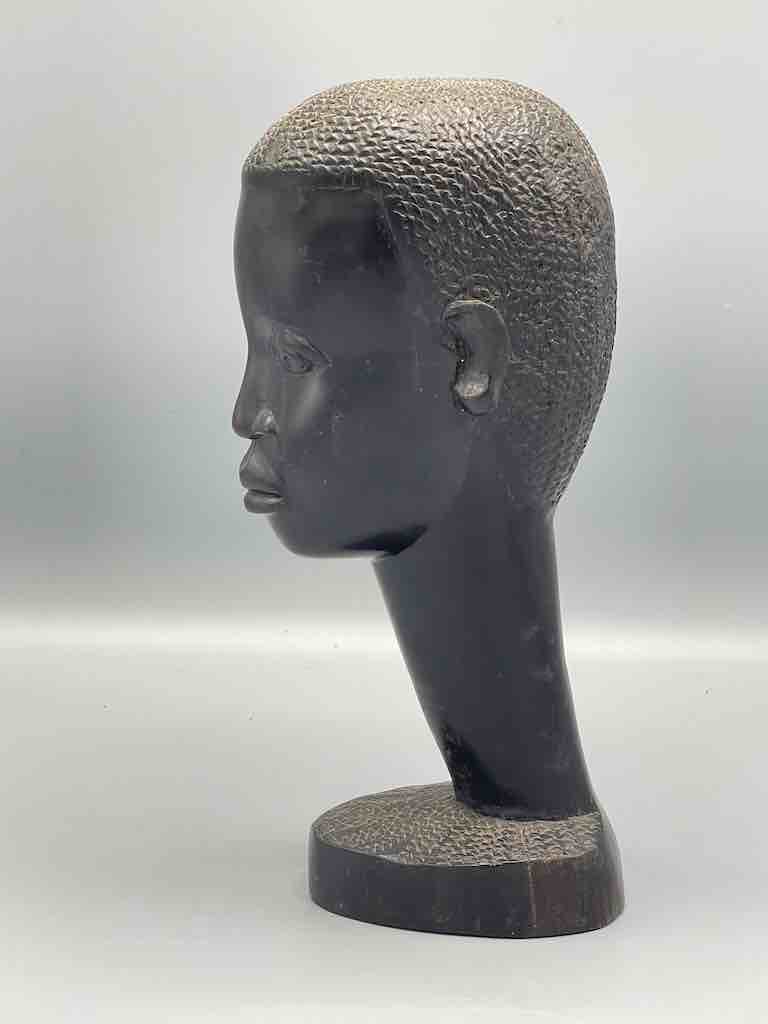 Carved Black Wood African Young Male Head - Guinea