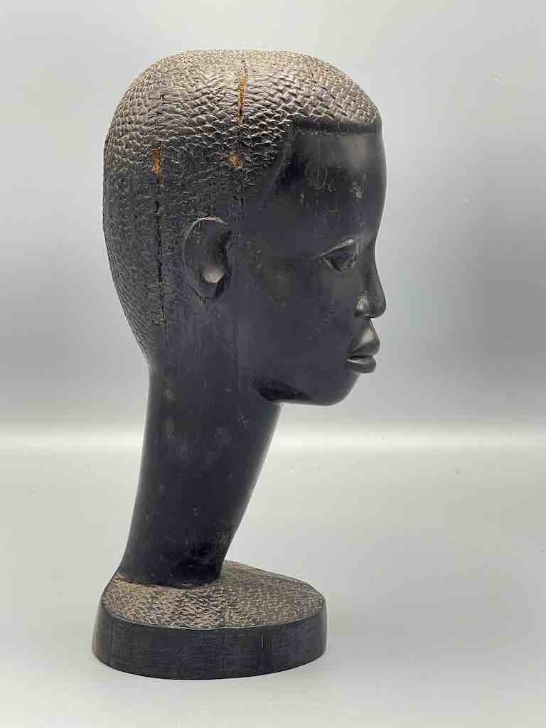 Carved Black Wood African Young Male Head - Guinea