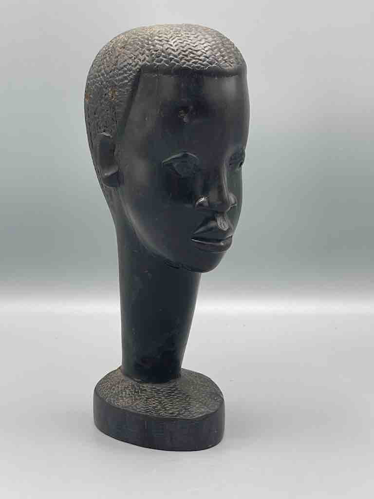 Carved Black Wood African Young Male Head - Guinea