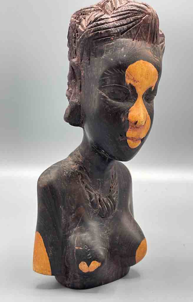 Ebony Carved Wood Fulani African Woman Head - Guinea