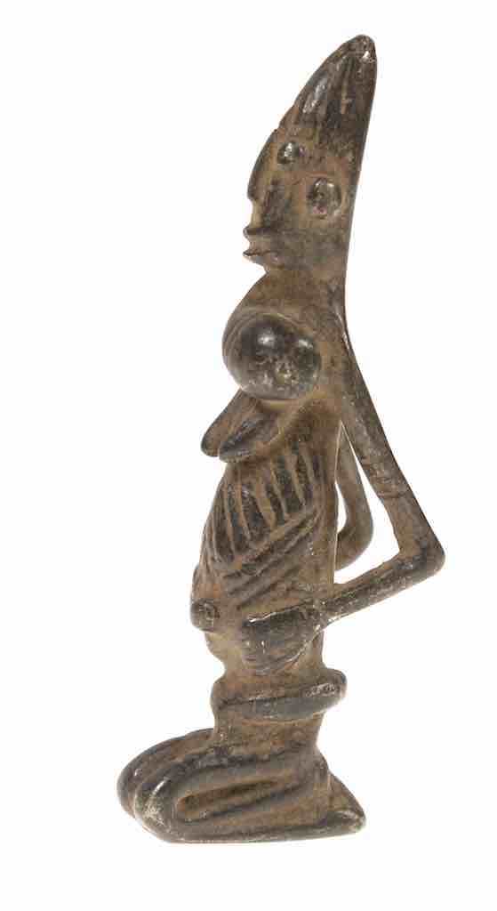 Vintage Dogon Brass Kneeling Woman with Goiter Figure - Mali