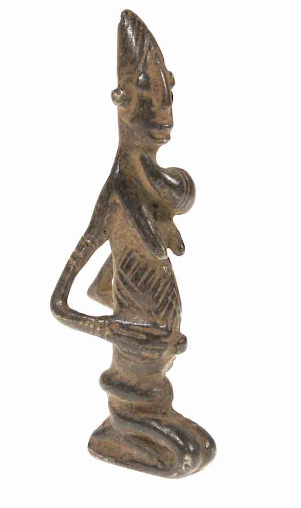 Vintage Dogon Brass Kneeling Woman with Goiter Figure - Mali