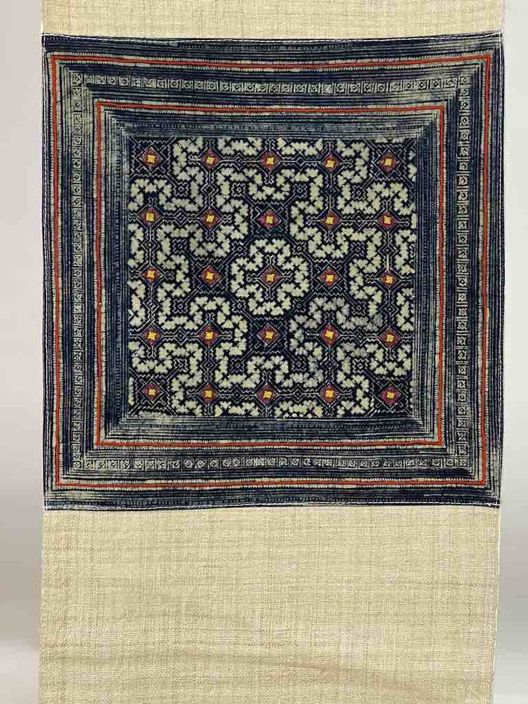 Linen Table Runner with Vintage Hmong Tribal Vietnamese Cloth
