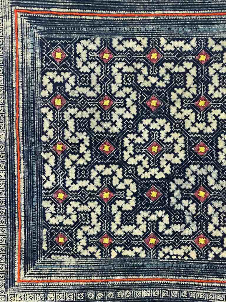 Linen Table Runner with Vintage Hmong Tribal Vietnamese Cloth