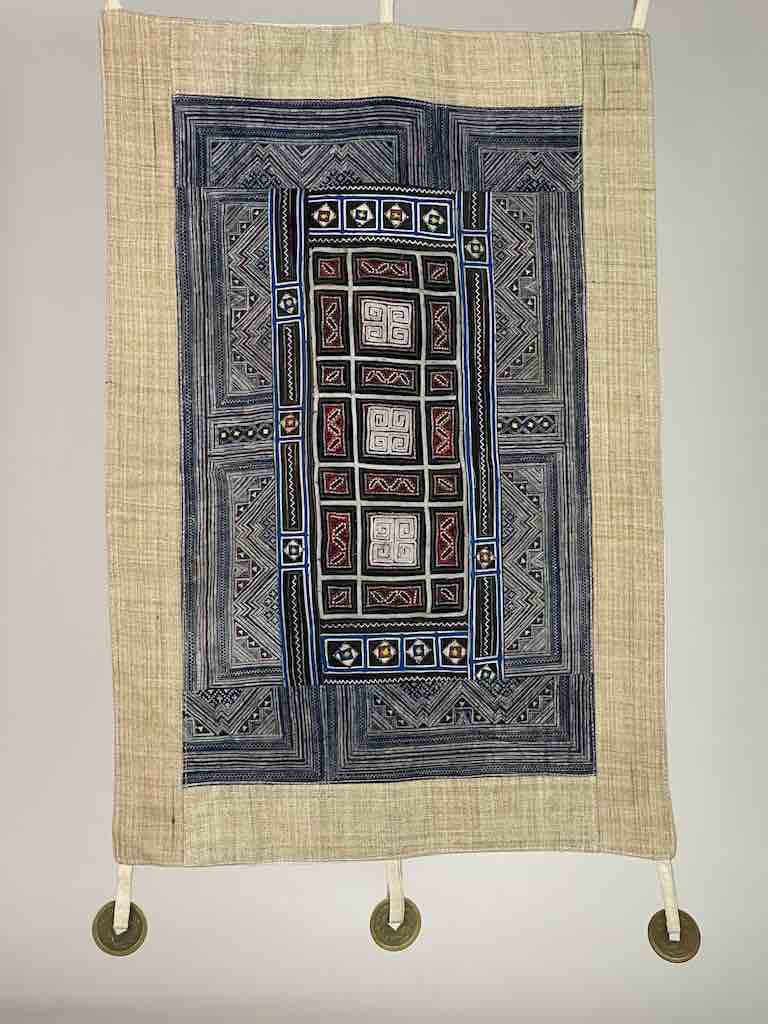 Linen Decorative Wall Hanging with Vintage Hmong Tribal Vietnamese Cloth