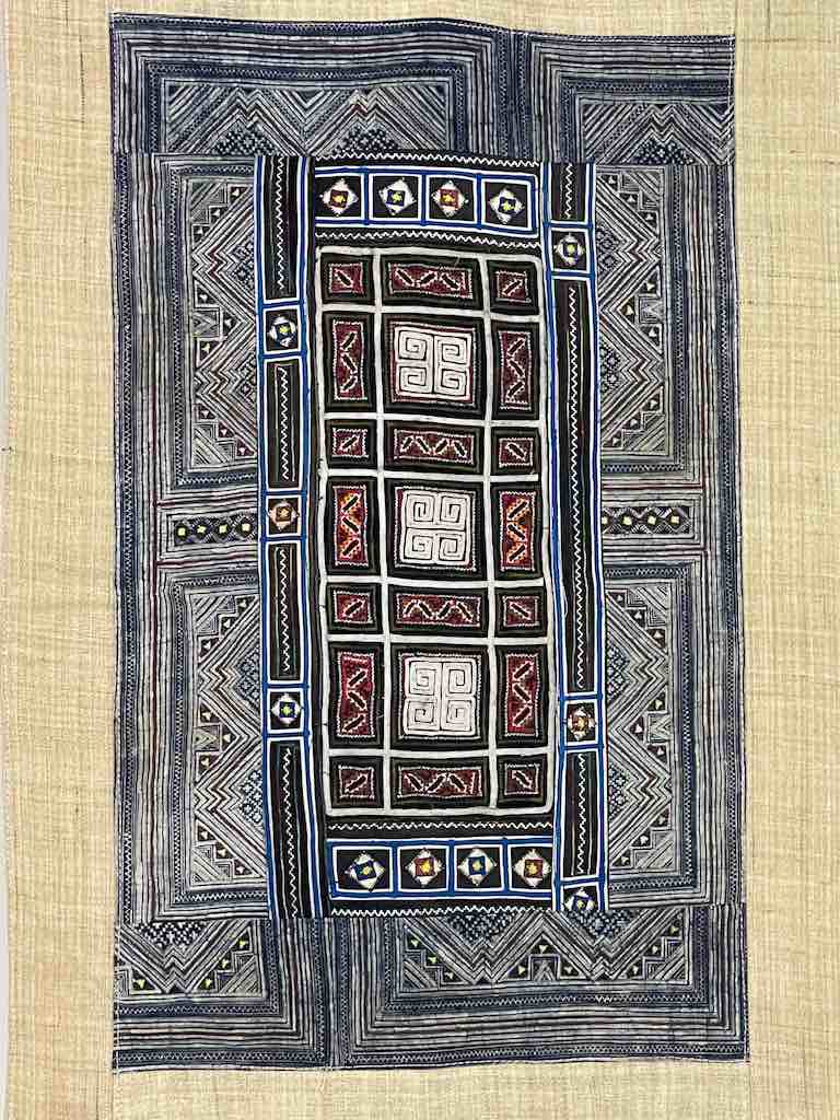 Linen Decorative Wall Hanging with Vintage Hmong Tribal Vietnamese Cloth