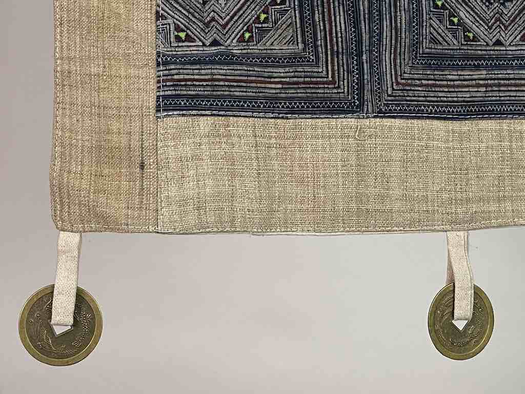 Linen Decorative Wall Hanging with Vintage Hmong Tribal Vietnamese Cloth