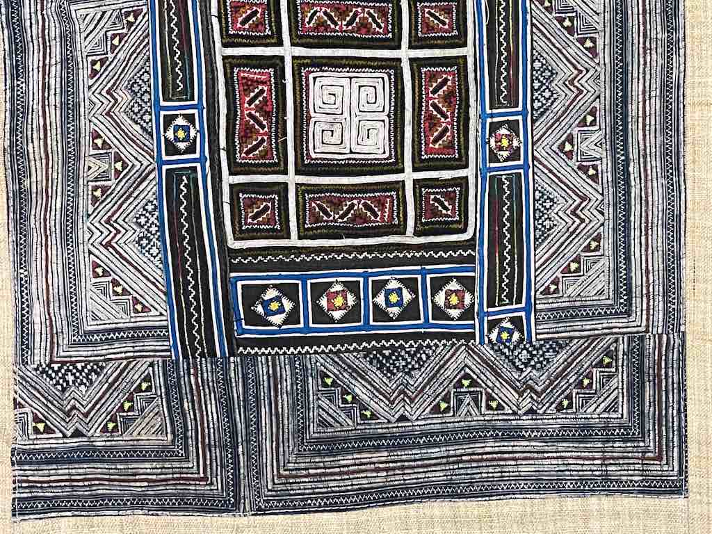 Linen Decorative Wall Hanging with Vintage Hmong Tribal Vietnamese Cloth