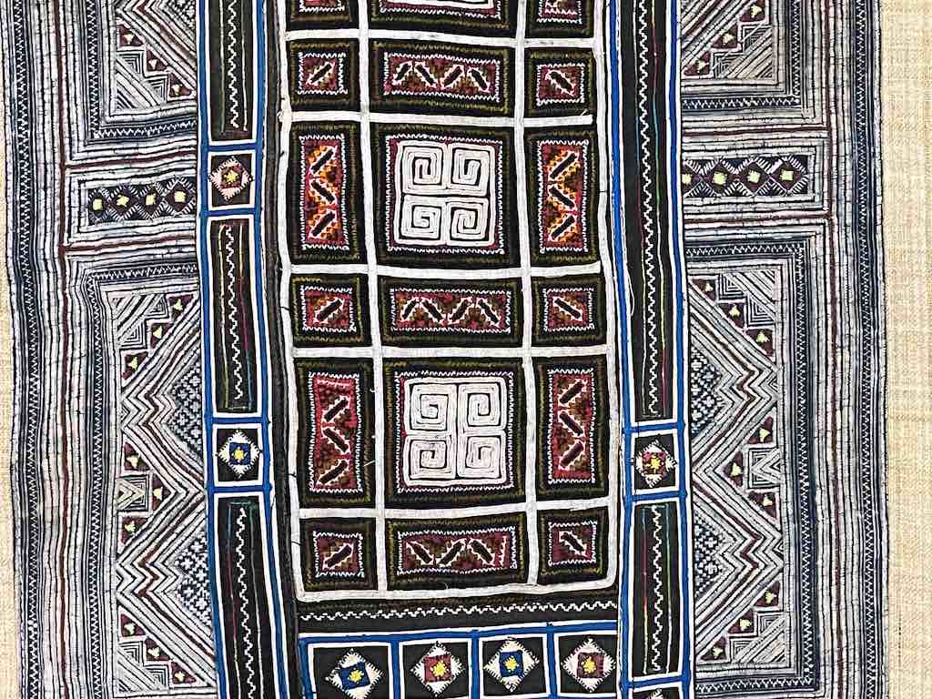 Linen Decorative Wall Hanging with Vintage Hmong Tribal Vietnamese Cloth