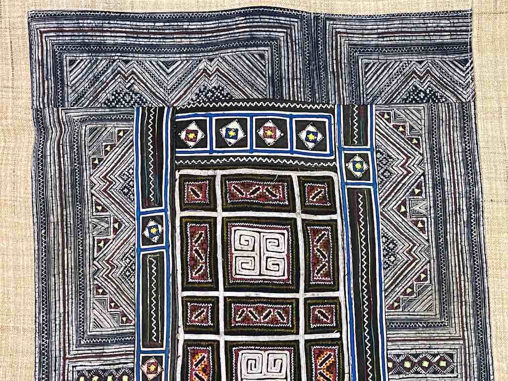 Linen Decorative Wall Hanging with Vintage Hmong Tribal Vietnamese Cloth