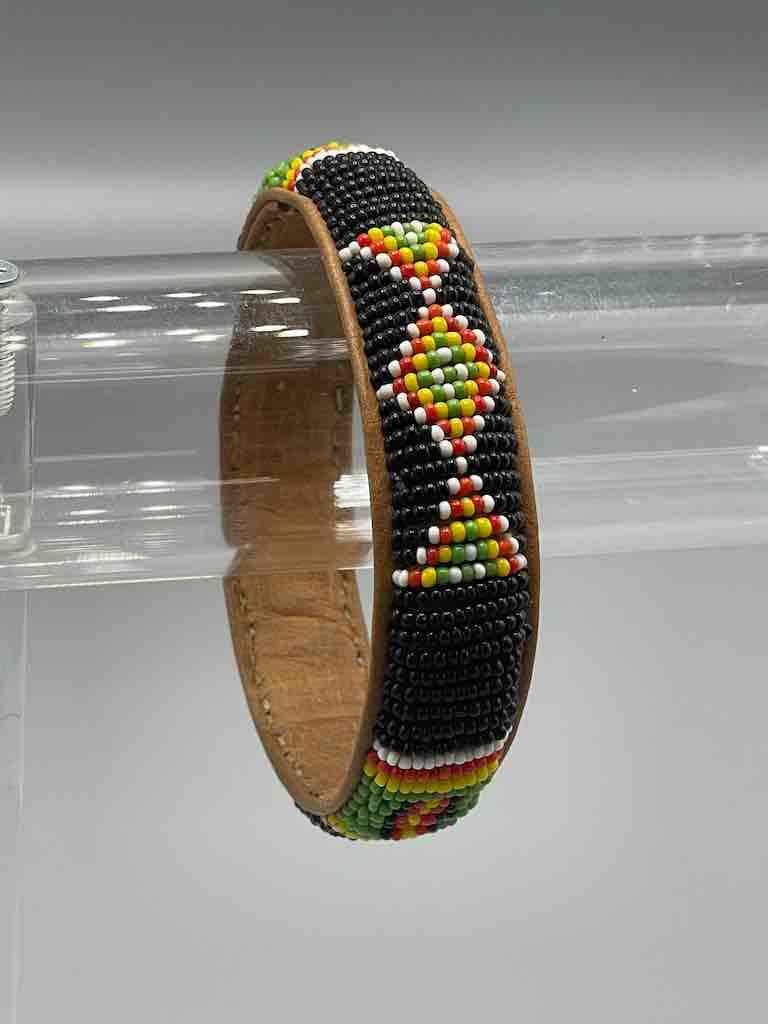 Older Traditional Design Wide Black Beaded Leather Bracelet - Mali