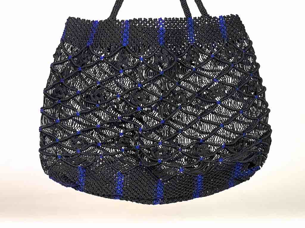Large Colorful Handwoven Plastic Handbag - Black with Blue