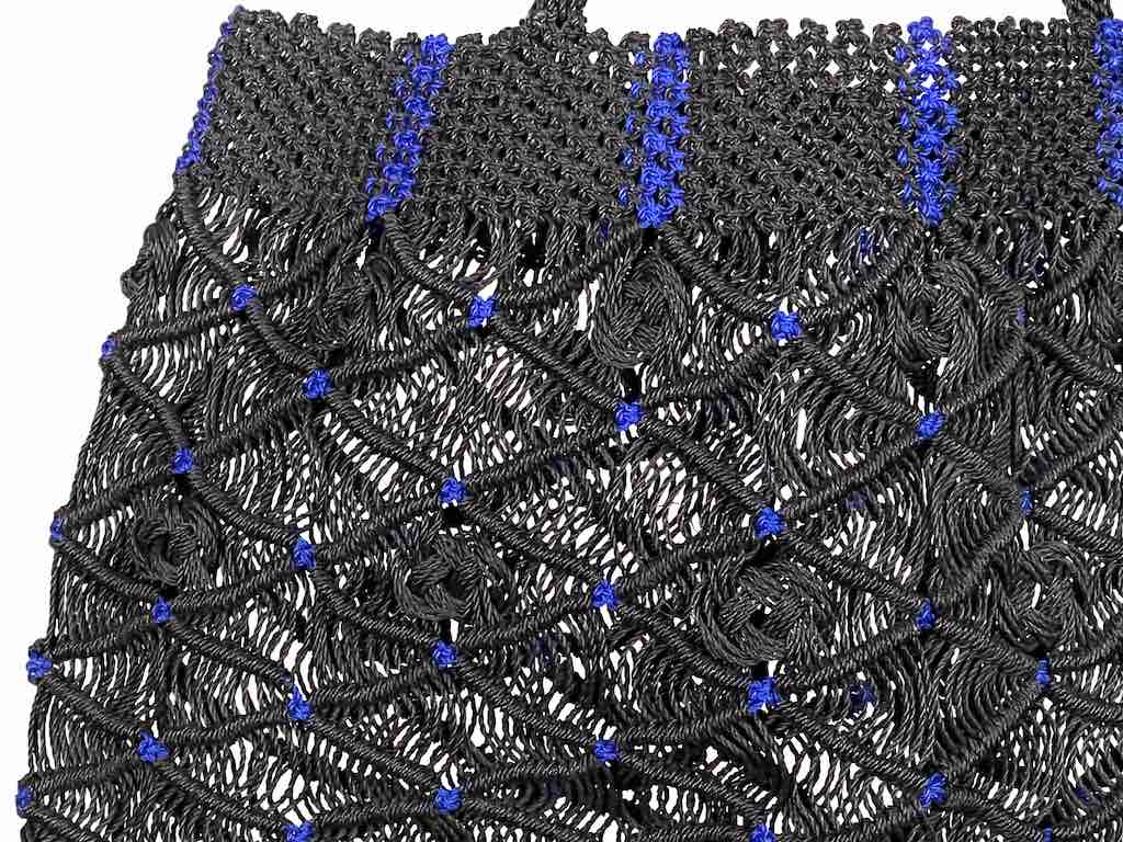 Large Colorful Handwoven Plastic Handbag - Black with Blue