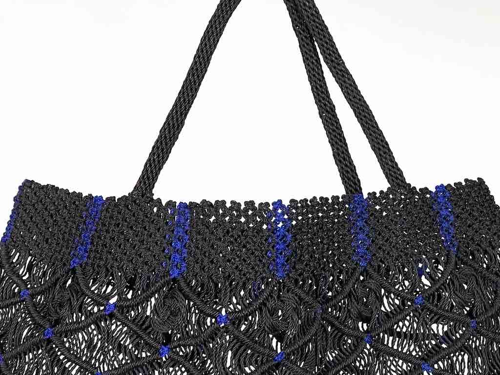 Large Colorful Handwoven Plastic Handbag - Black with Blue