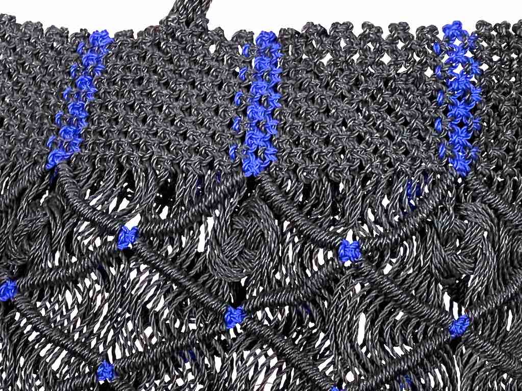 Large Colorful Handwoven Plastic Handbag - Black with Blue