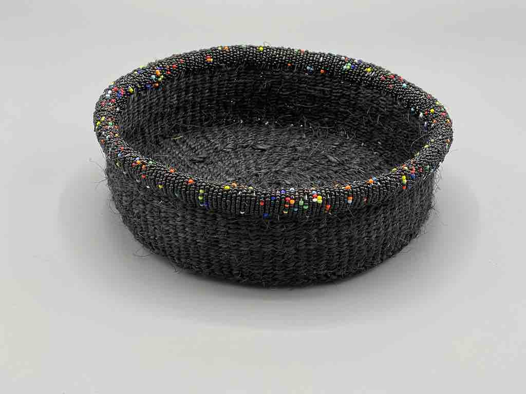 Black Bead Rim Shallow Black Sisal Round Basket - Kenya